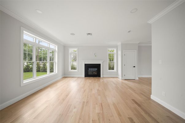 Empty room, Fireplace, Interior, Recessed Lighting, Wood Texture Flooring