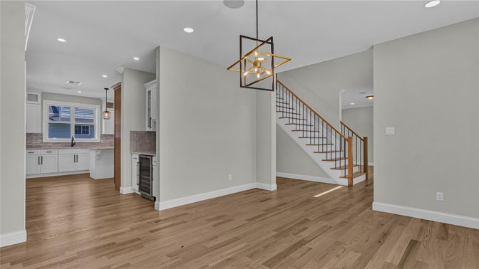 Empty room, Interior, Pendant Lights, Recessed Lighting, Wood Texture Flooring