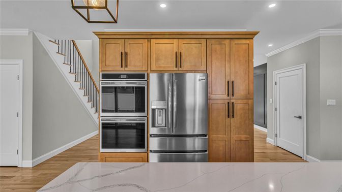 Interior, Kitchen, Recessed Lighting, Stainless Steel Appliances, Wood Texture Flooring
