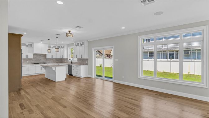 Interior, Kitchen, Pendant Lights, Recessed Lighting, Wood Texture Flooring