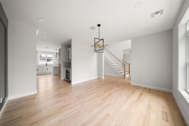 Empty room, Interior, Pendant Lights, Recessed Lighting, Wood Texture Flooring