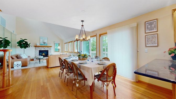 Dining room, Fireplace, Interior, Living room, Pendant Lights, Wood Texture Flooring