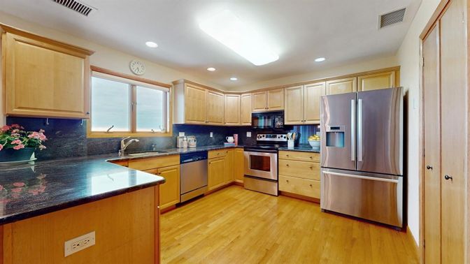 Interior, Kitchen, Recessed Lighting, Stainless Steel Appliances, Wood Texture Flooring