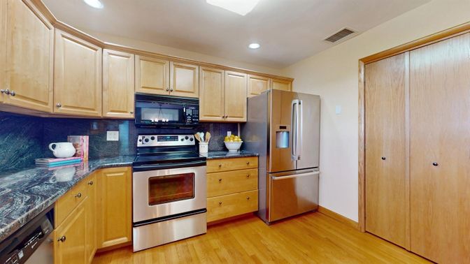 Interior, Kitchen, Recessed Lighting, Stainless Steel Appliances, Wood Texture Flooring