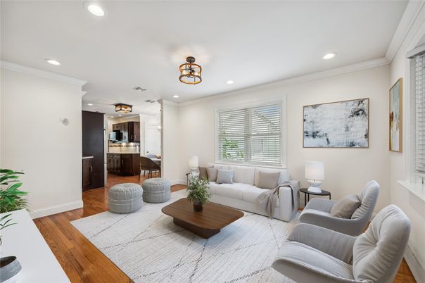 Dining room, Interior, Living room, Recessed Lighting, Wood Texture Flooring