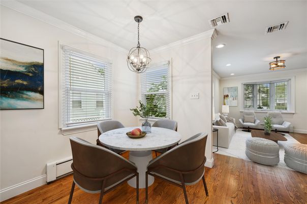 Dining room, Interior, Living room, Pendant Lights, Recessed Lighting, Wood Texture Flooring