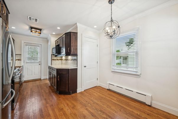 Interior, Kitchen, Pendant Lights, Recessed Lighting, Wood Texture Flooring