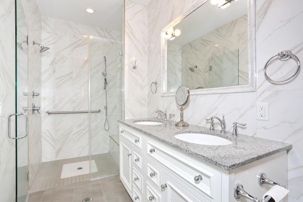 Bathroom, Glass Shower, Interior, Marble Walls, Recessed Lighting