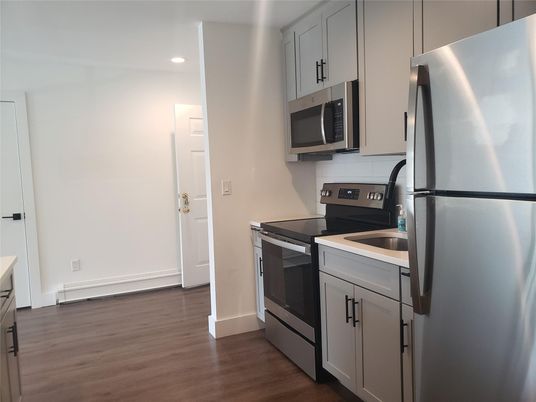 Interior, Kitchen, Recessed Lighting, Stainless Steel Appliances, Wood Texture Flooring