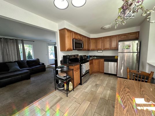 Interior, Kitchen, Living room, Stainless Steel Appliances, Wood Texture Flooring