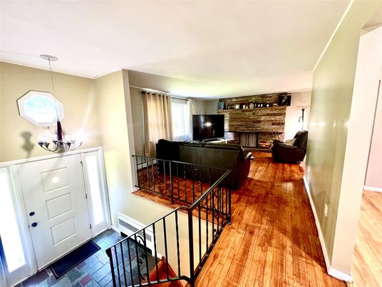 Fireplace, Interior, Living room, Pendant Lights, Wood Texture Flooring