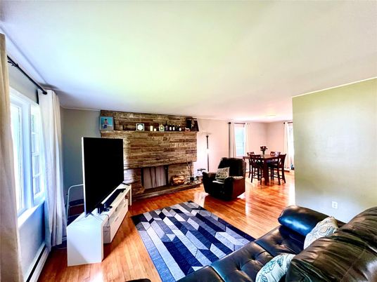 Dining room, Fireplace, Interior, Living room, Wood Texture Flooring