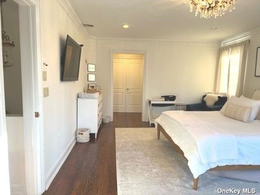 Bedroom, Chandelier, Interior, Recessed Lighting, Wood Texture Flooring
