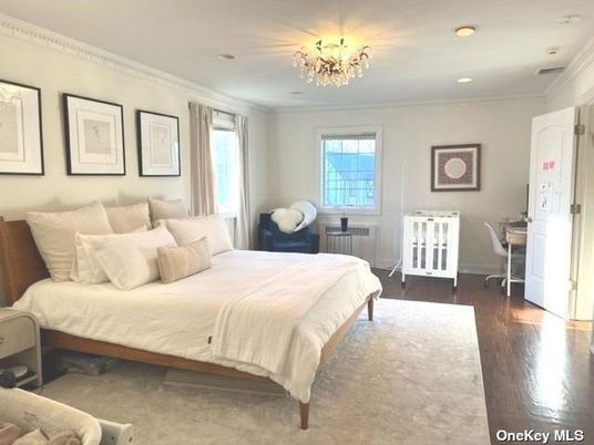 Bedroom, Chandelier, Interior, Recessed Lighting, Wood Texture Flooring