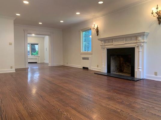 Empty room, Fireplace, Interior, Recessed Lighting, Wood Texture Flooring