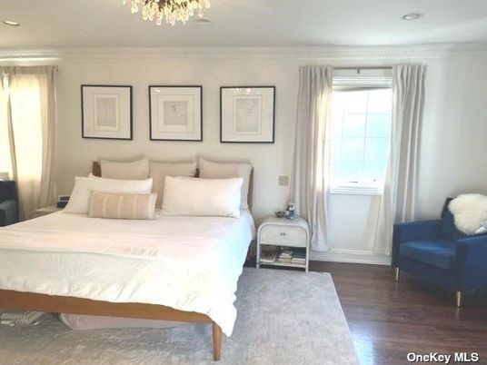 Bedroom, Chandelier, Interior, Recessed Lighting, Wood Texture Flooring