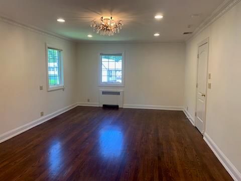 Chandelier, Empty room, Interior, Recessed Lighting, Wood Texture Flooring
