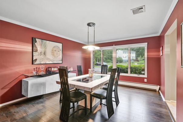 Dining room, Interior, Pendant Lights, Wood Texture Flooring