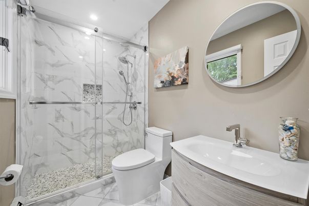 Bathroom, Glass Shower, Interior, Marble, Marble Walls, Recessed Lighting