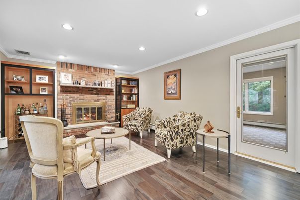 Fireplace, Interior, Living room, Recessed Lighting, Wood Texture Flooring