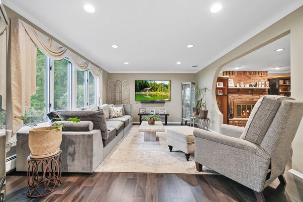 Fireplace, Interior, Living room, Recessed Lighting, Wood Texture Flooring, Wooden Walls