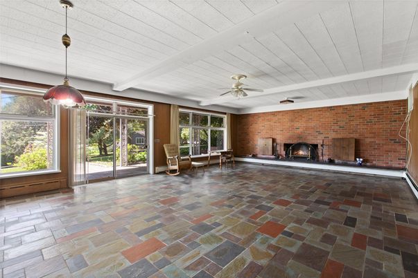 Empty room, Fireplace, Interior, Pendant Lights, Stone Walls