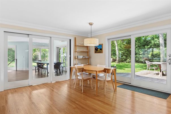 Dining room, Interior, Pendant Lights, Wood Texture Flooring