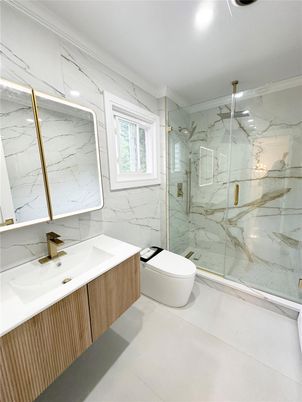 Bathroom, Glass Shower, Interior, Marble Walls, Recessed Lighting