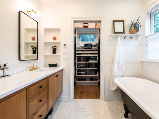 Bathroom, Free Standing Baths, Interior, Walk-in Closets, Wood Texture Flooring
