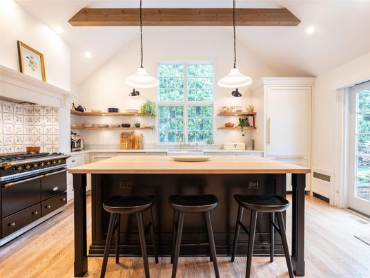 Interior, Kitchen, Pendant Lights, Recessed Lighting, Stainless Steel Appliances, Wooden Beams, Wood Texture Flooring
