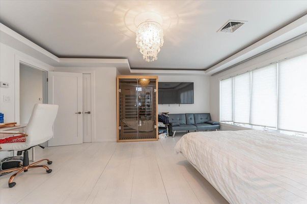 Bedroom, Chandelier, Interior, Wood Texture Flooring