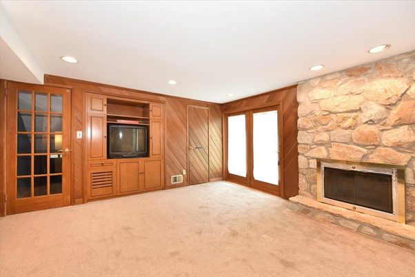 Empty room, Fireplace, Interior, Recessed Lighting, Stone Walls, Wooden Walls