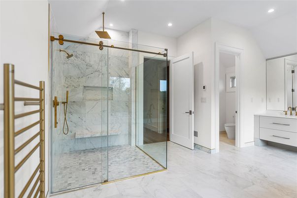 Bathroom, Glass Shower, Interior, Marble, Marble Walls, Recessed Lighting
