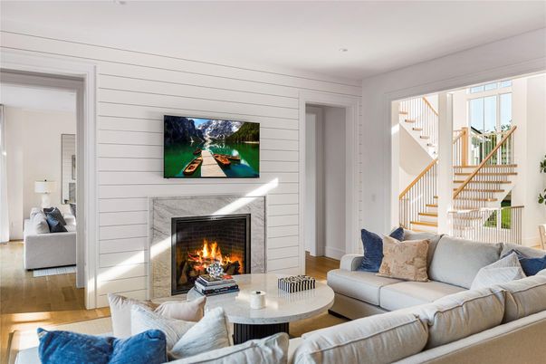 Fireplace, Interior, Living room, Recessed Lighting, Wood Texture Flooring