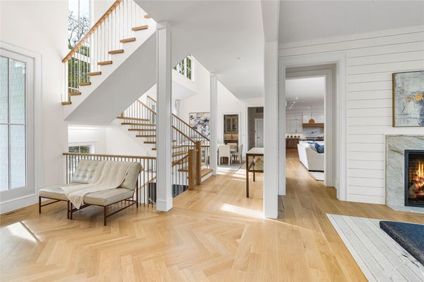 Fireplace, Interior, Pendant Lights, Recessed Lighting, Wood Texture Flooring