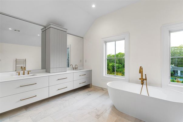 Bathroom, Dual Sink Vanities, Free Standing Baths, Interior, Marble, Recessed Lighting