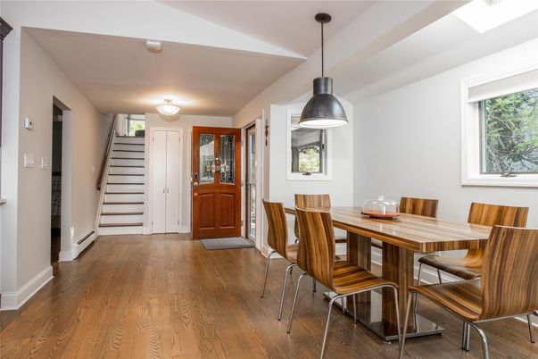 Dining room, Interior, Pendant Lights, Wood Texture Flooring