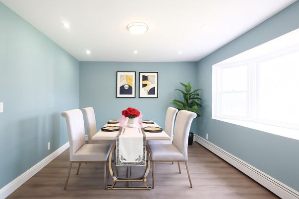 Dining room, Interior, Recessed Lighting, Wood Texture Flooring