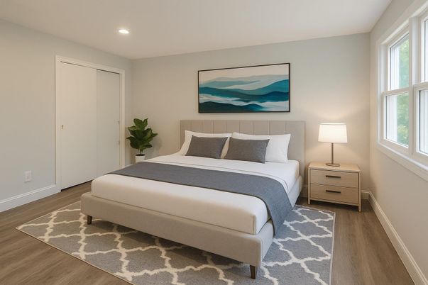 Bedroom, Interior, Recessed Lighting, Wood Texture Flooring