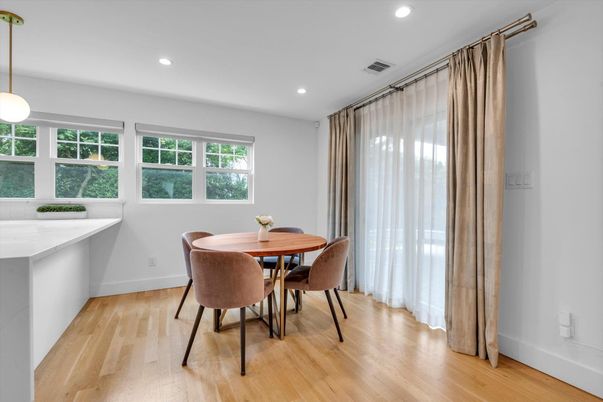 Dining room, Interior, Pendant Lights, Recessed Lighting, Wood Texture Flooring