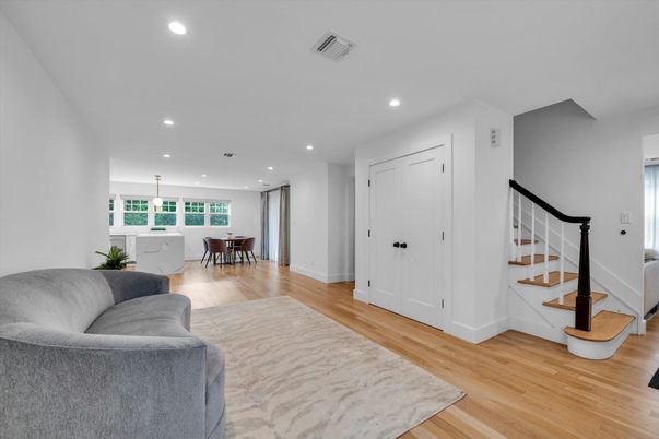 Dining room, Interior, Pendant Lights, Recessed Lighting, Wood Texture Flooring