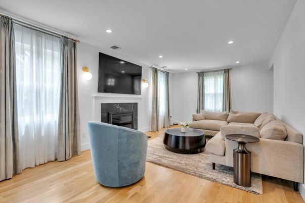 Fireplace, Interior, Living room, Recessed Lighting, Wood Texture Flooring