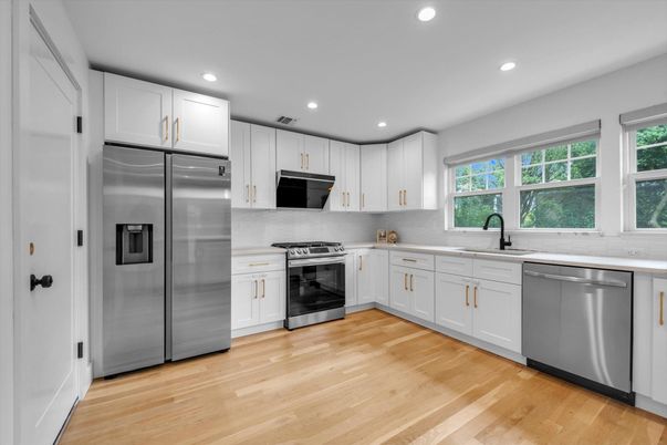 Interior, Kitchen, Recessed Lighting, Stainless Steel Appliances, Wood Texture Flooring