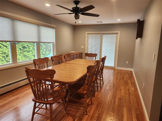 Dining room, Interior, Recessed Lighting, Wood Texture Flooring