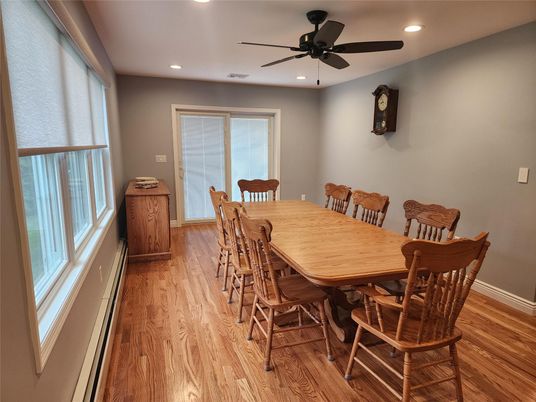 Dining room, Interior, Recessed Lighting, Wood Texture Flooring