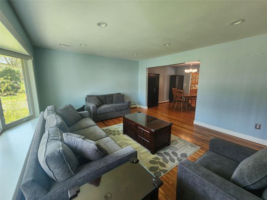 Dining room, Interior, Living room, Recessed Lighting, Wood Texture Flooring