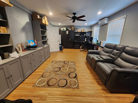 Home Theatre Room, Home Office, Interior, Recessed Lighting, Wood Texture Flooring