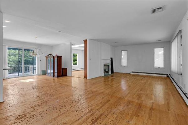Chandelier, Empty room, Fireplace, Interior, Wood Texture Flooring