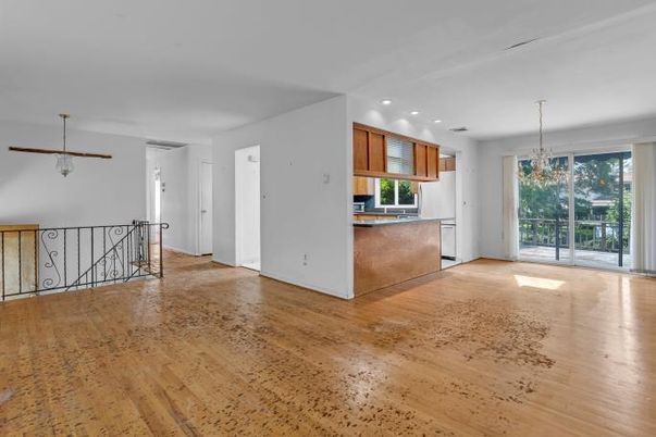 Chandelier, Empty room, Interior, Kitchen, Recessed Lighting, Wood Texture Flooring