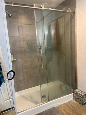 Bathroom, Glass Shower, Interior, Wood Texture Flooring